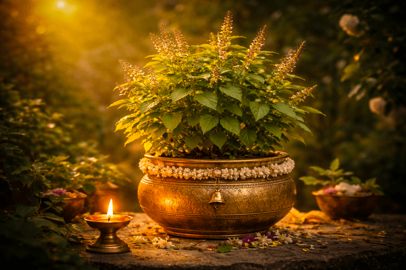 Sacred Tulsi plant prepared for ritual offering